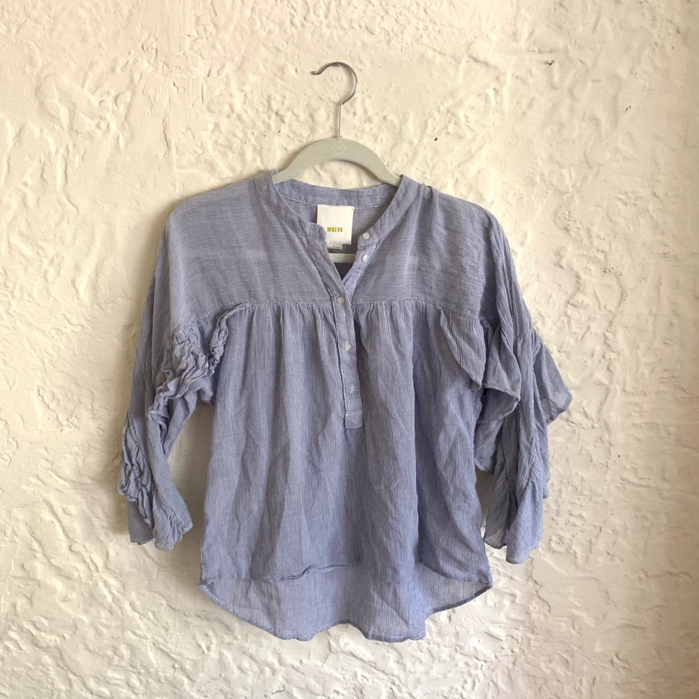 Maeve Micro Stripe Long-Sleeve Ruffle Blouse Sz S